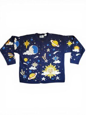 Vintage Celestial Cardigan Sweater 80s 90s Sun Moon Stars Novelty Embroidered